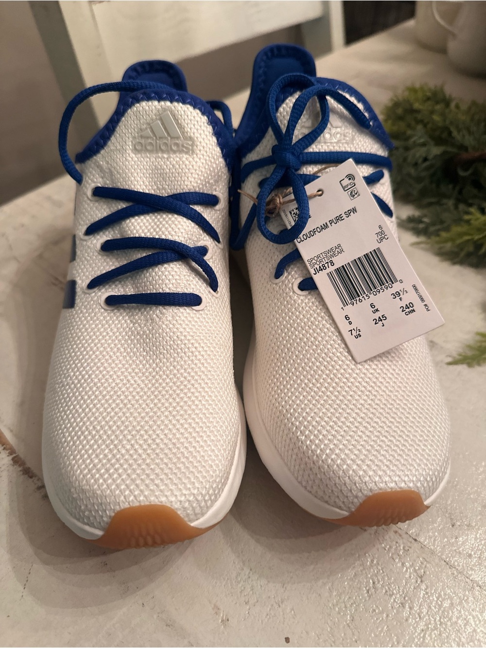 adidas Kids White & Blue Knit Athletic Sneakers
